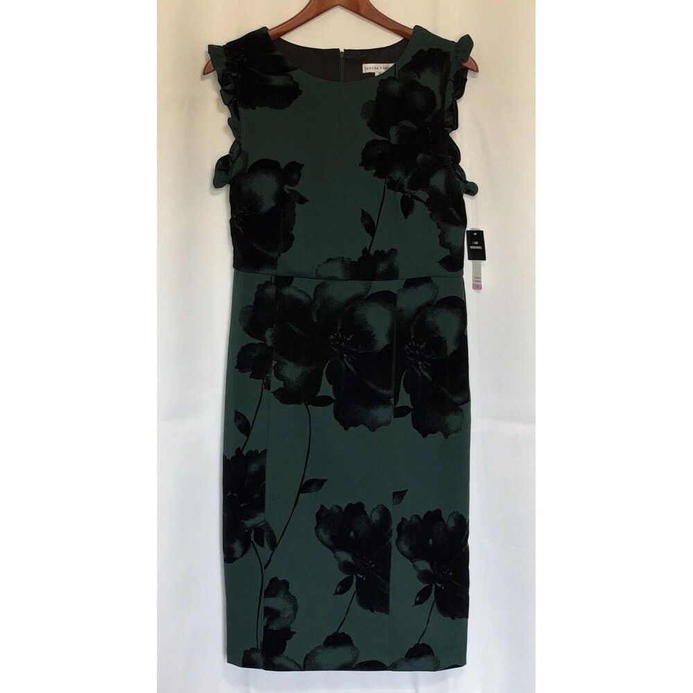 Sandra Darren Green with Black Velvet Floral Design Midi Sheath Dress Size 10